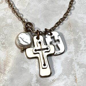 Multi Metal Handmade Cross Necklace Crucifix Pendants Coin Pearl Charm Rustic